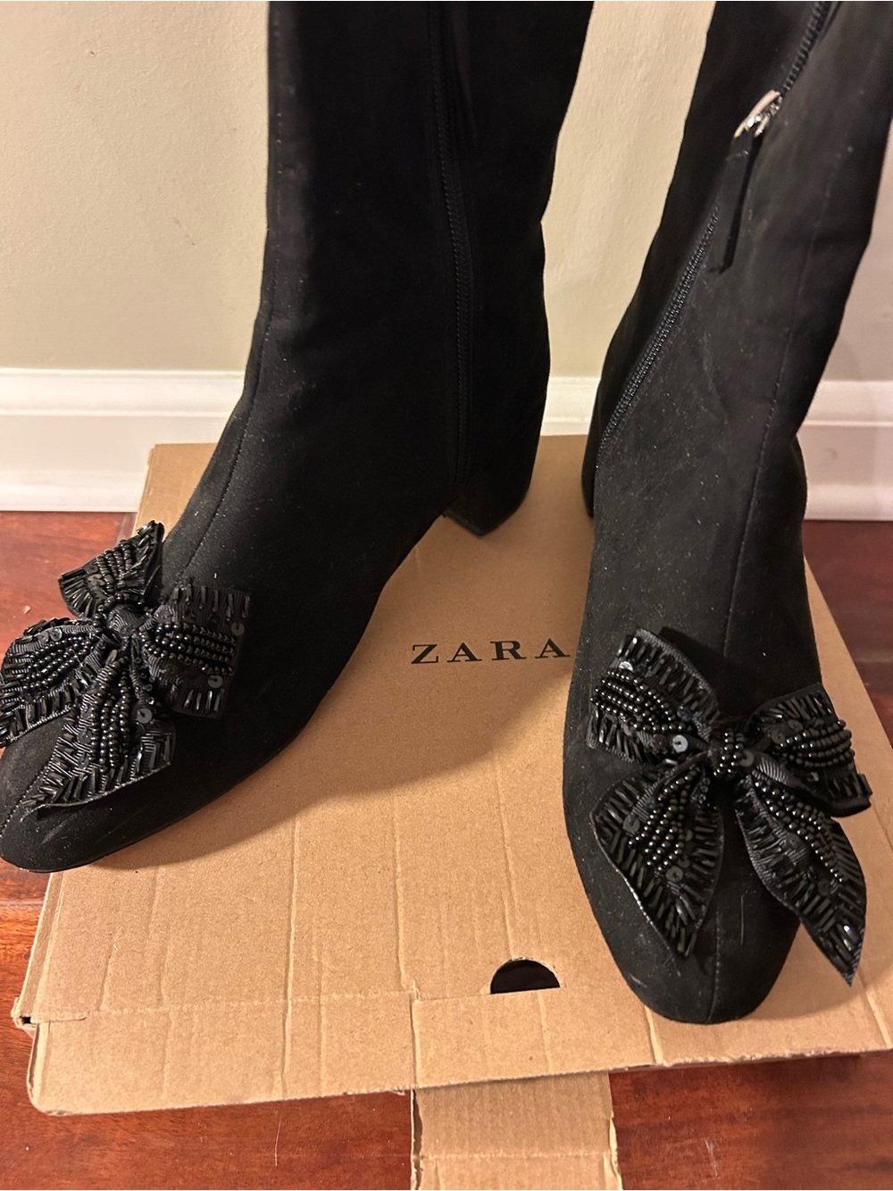 Zara Black Beaded Bow ankle Boots
